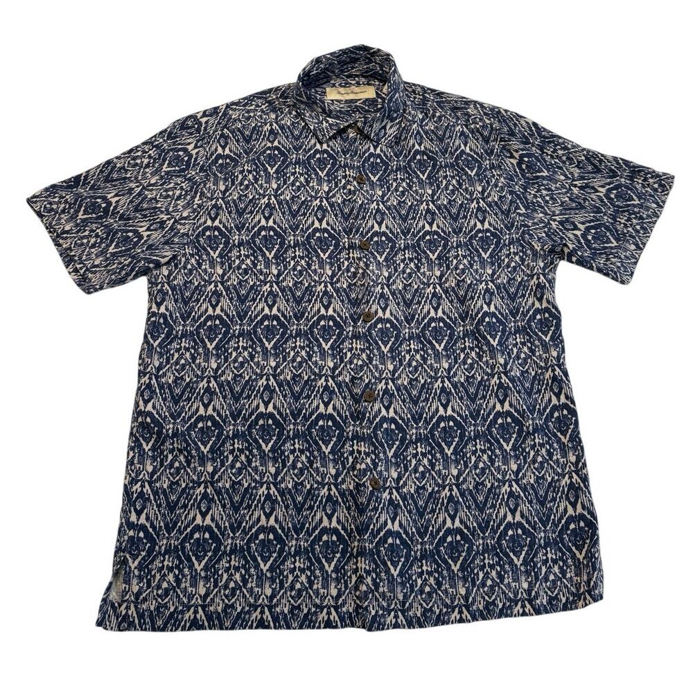 Tommy Bahama Silk Hawaiian Shirt Button Up Blue White Mens Medium